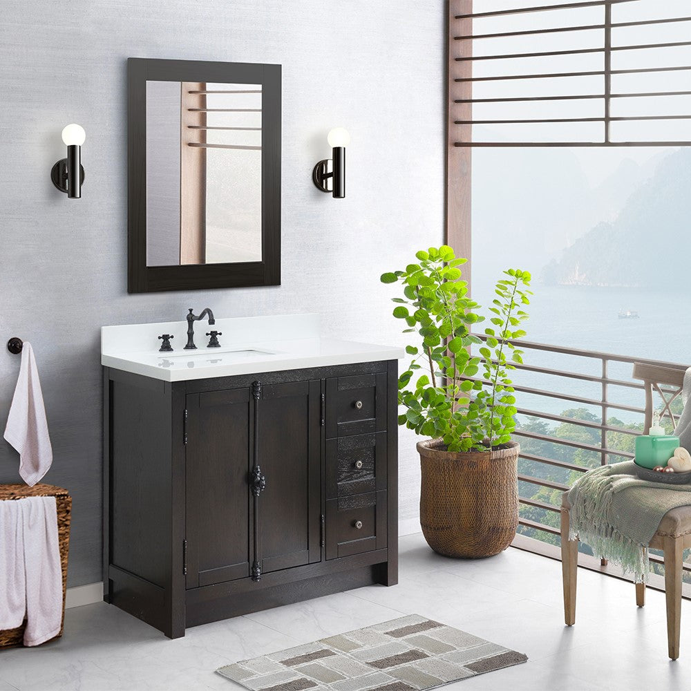 Bellaterra Home 31" Brown Ash Single Sink Bathroom Vanity with White Quartz Top and Rectangle Sink, Plantation Collection