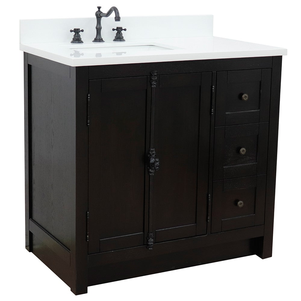 Bellaterra Home 31" Brown Ash Single Sink Bathroom Vanity with White Quartz Top and Rectangle Sink, Plantation Collection