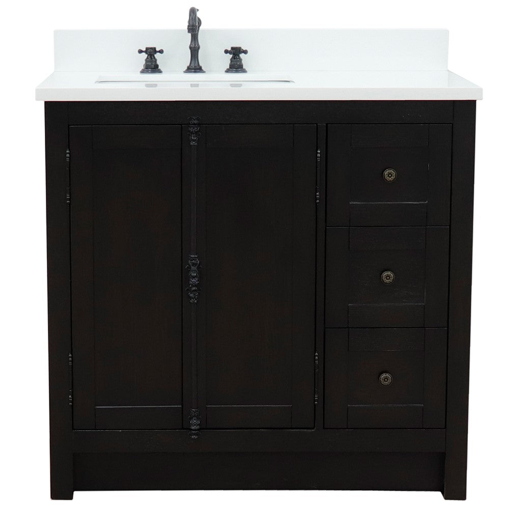 Bellaterra Home 31" Brown Ash Single Sink Bathroom Vanity with White Quartz Top and Rectangle Sink, Plantation Collection