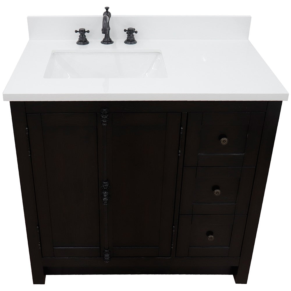 Bellaterra Home 31" Brown Ash Single Sink Bathroom Vanity with White Quartz Top and Rectangle Sink, Plantation Collection