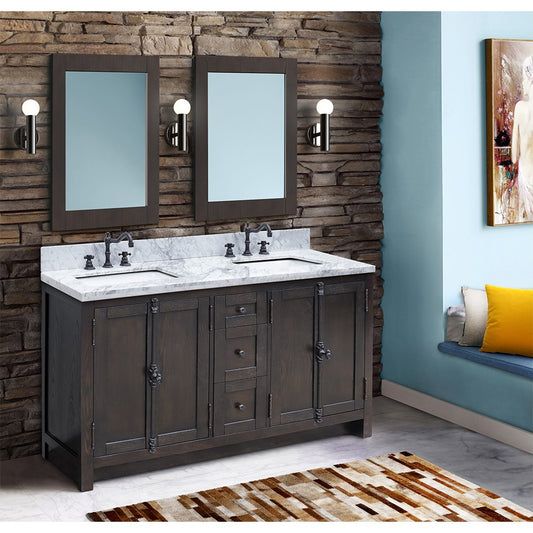 Bellaterra Home 55" Brown Ash Double Sink Bathroom Vanity with White Carrara Top and Rectangle Sink, Plantation Collection