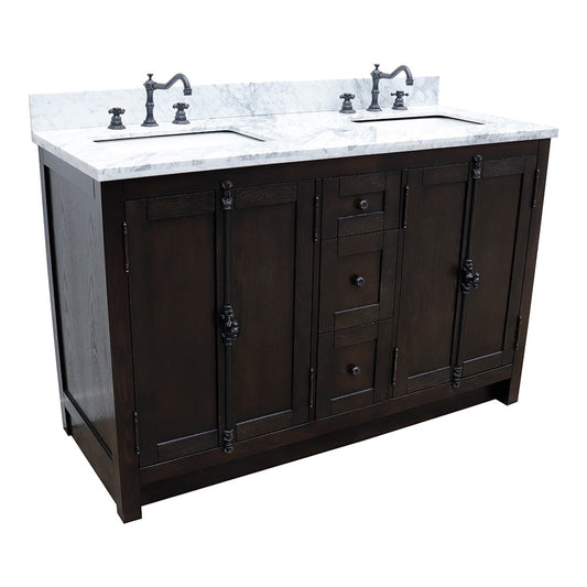 Bellaterra Home 55" Brown Ash Double Sink Bathroom Vanity with White Carrara Top and Rectangle Sink, Plantation Collection