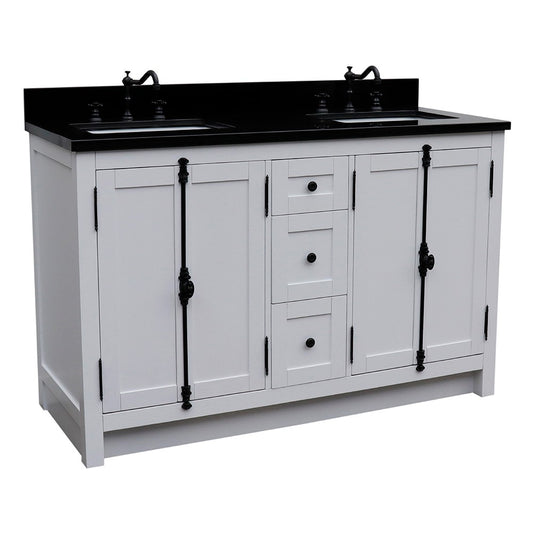 Bellaterra Home 55" Glacier Ash Double Sink Bathroom Vanity in Glacier with Black Galaxy Granite Top and Rectangle Sink, Plantation Collection