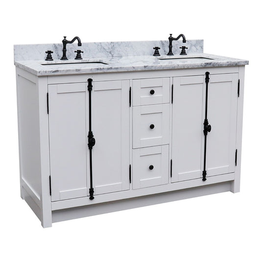 Bellaterra Home 55" Glacier Ash Double Sink Bathroom Vanity with White Carrara Marble Top and Rectangle Sink, Plantation Collection