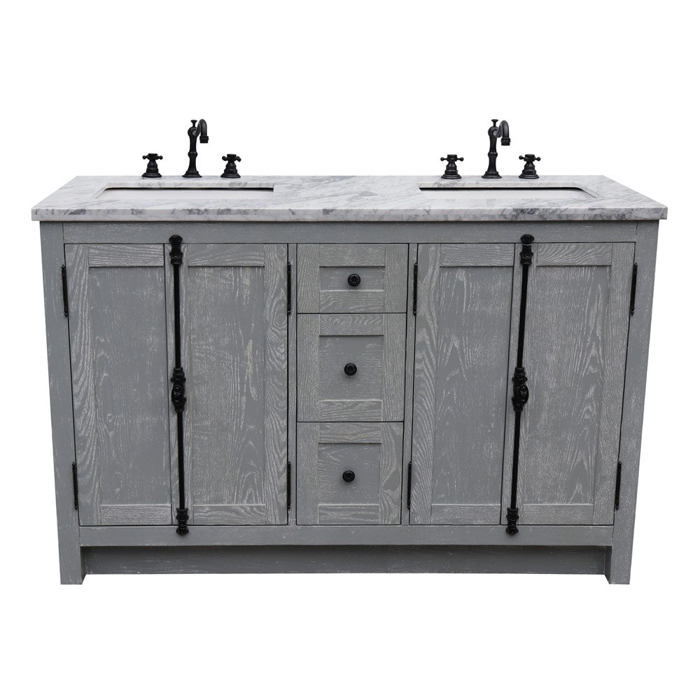 Bellaterra Home 55" Gray Ash Double Sink Bathroom Vanity with White Carrara Marble Top and Rectangle Sink, Plantation Collection