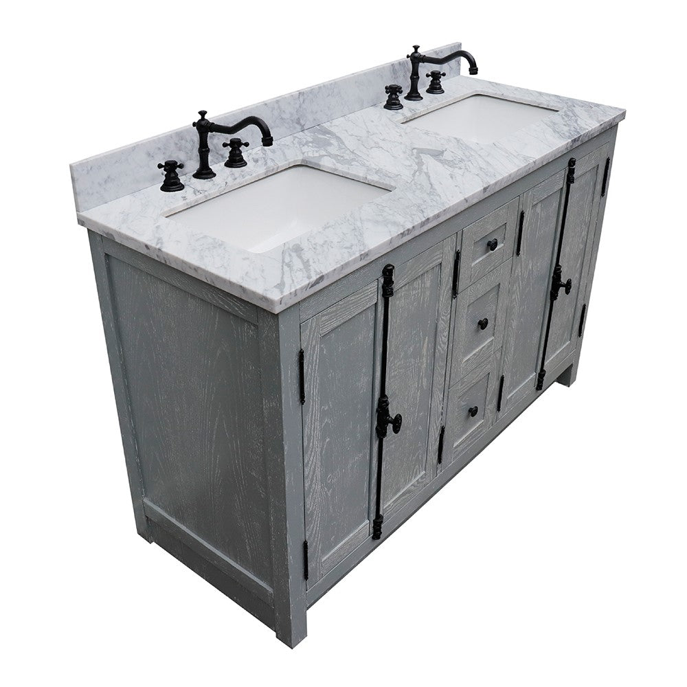 Bellaterra Home 55" Gray Ash Double Sink Bathroom Vanity with White Carrara Marble Top and Rectangle Sink, Plantation Collection