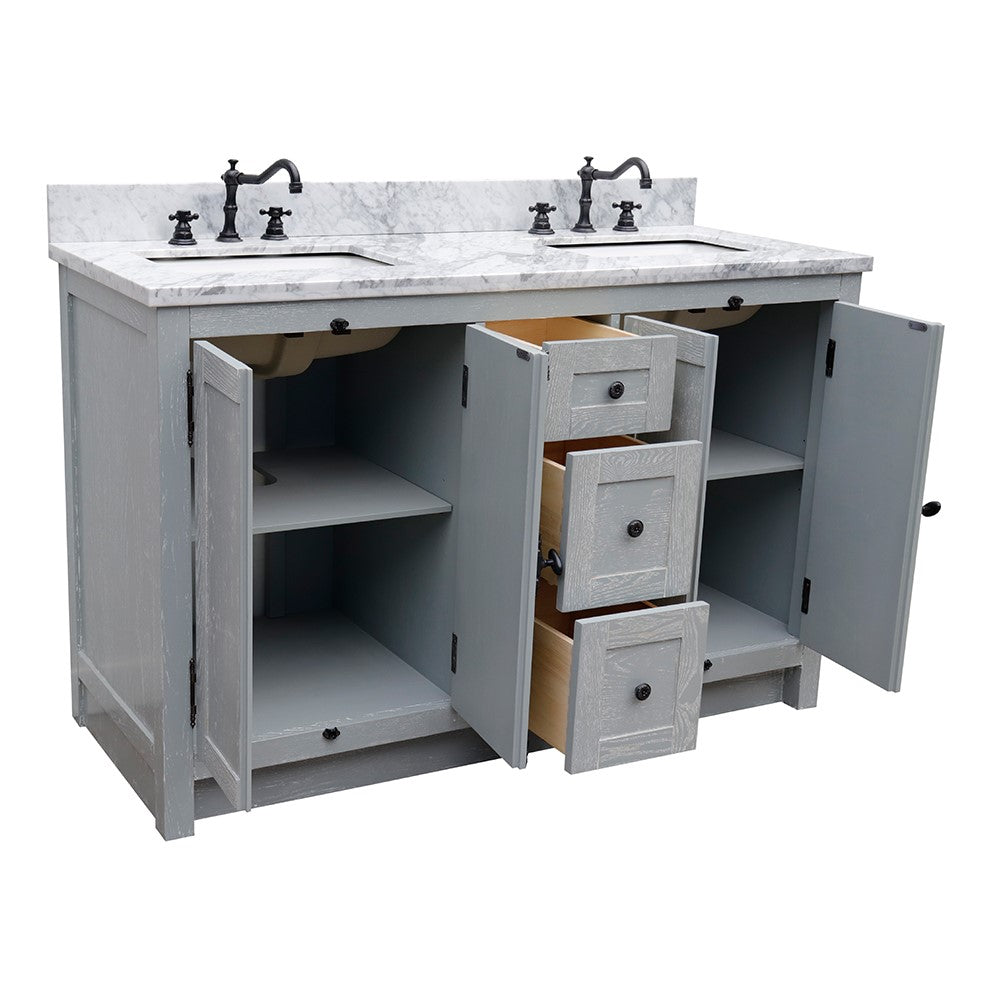 Bellaterra Home 55" Gray Ash Double Sink Bathroom Vanity with White Carrara Marble Top and Rectangle Sink, Plantation Collection