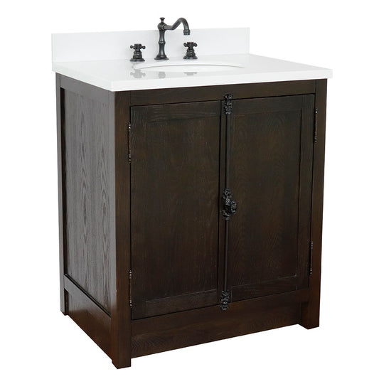 Bellaterra Home 31" Brown Ash Single Sink Bathroom Vanity with White Quartz Top and Oval Sink, Plantation Collection