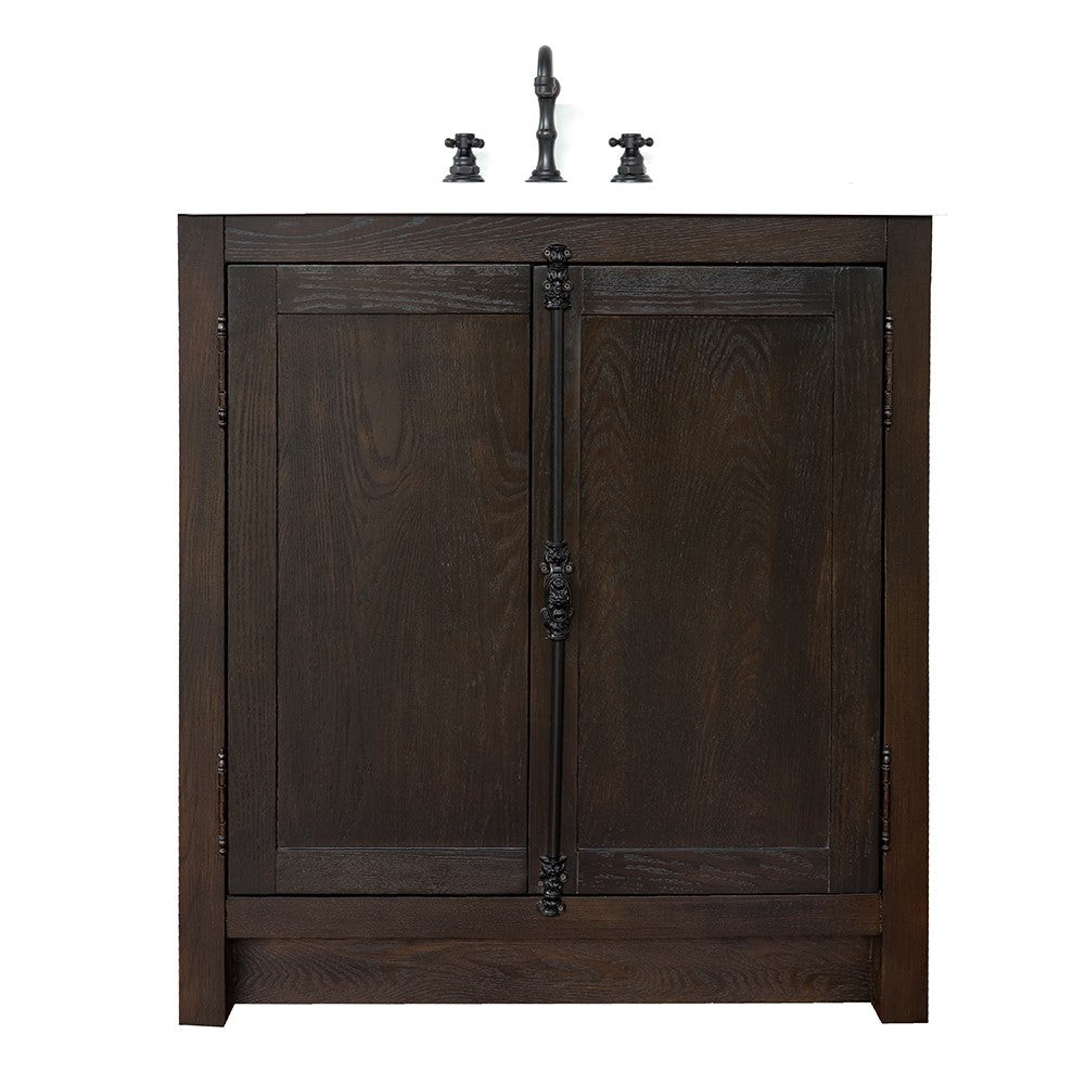 Bellaterra Home 31" Brown Ash Single Sink Bathroom Vanity with White Quartz Top and Oval Sink, Plantation Collection