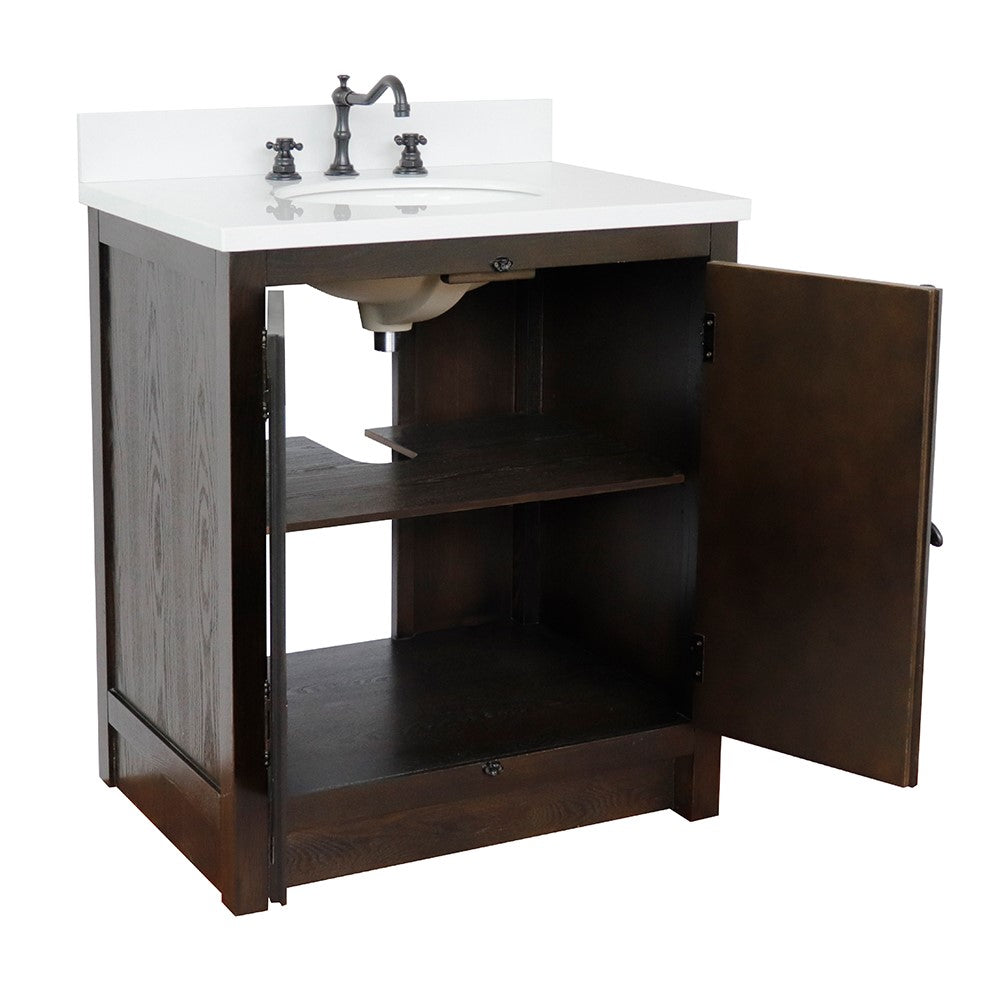 Bellaterra Home 31" Brown Ash Single Sink Bathroom Vanity with White Quartz Top and Oval Sink, Plantation Collection