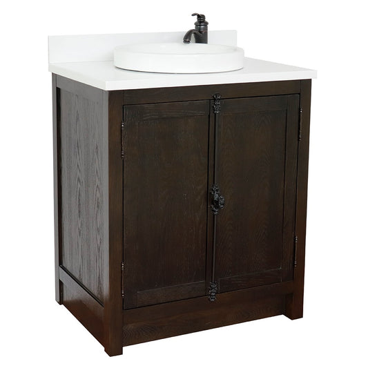 Bellaterra Home 31" Brown Ash Single Sink Bathroom Vanity with White Quartz Top and Round Sink