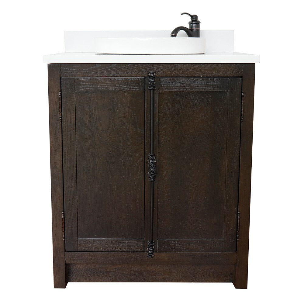 Bellaterra Home 31" Brown Ash Single Sink Bathroom Vanity with White Quartz Top and Round Sink