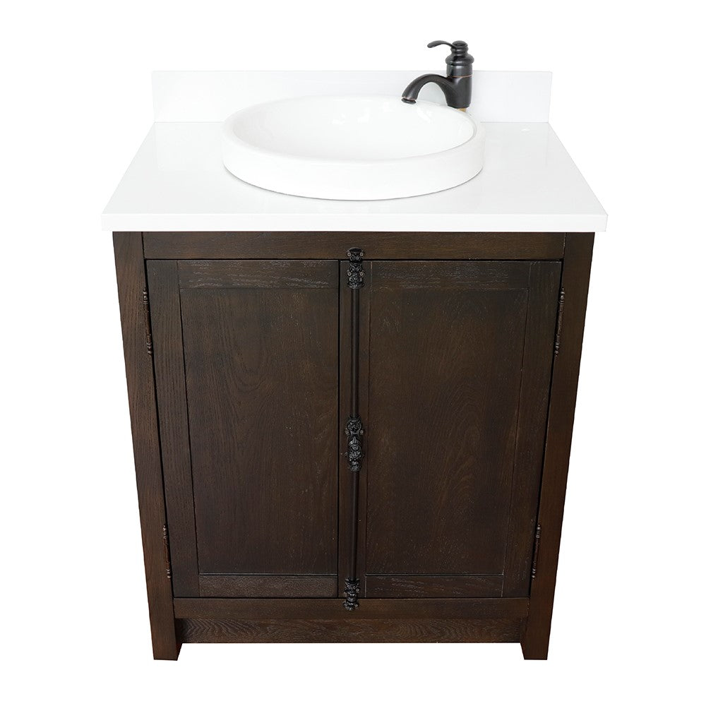 Bellaterra Home 31" Brown Ash Single Sink Bathroom Vanity with White Quartz Top and Round Sink