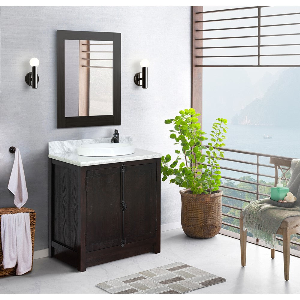 Bellaterra Home 31" Brown Ash Single Sink Bathroom Vanity with White Carrara Top and Round Sink, Plantation Collection