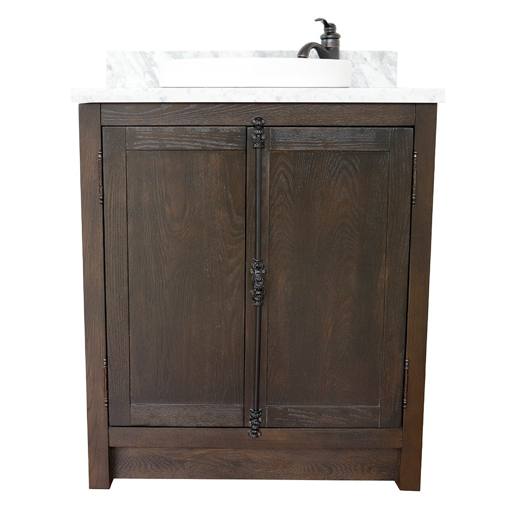 Bellaterra Home 31" Brown Ash Single Sink Bathroom Vanity with White Carrara Top and Round Sink, Plantation Collection