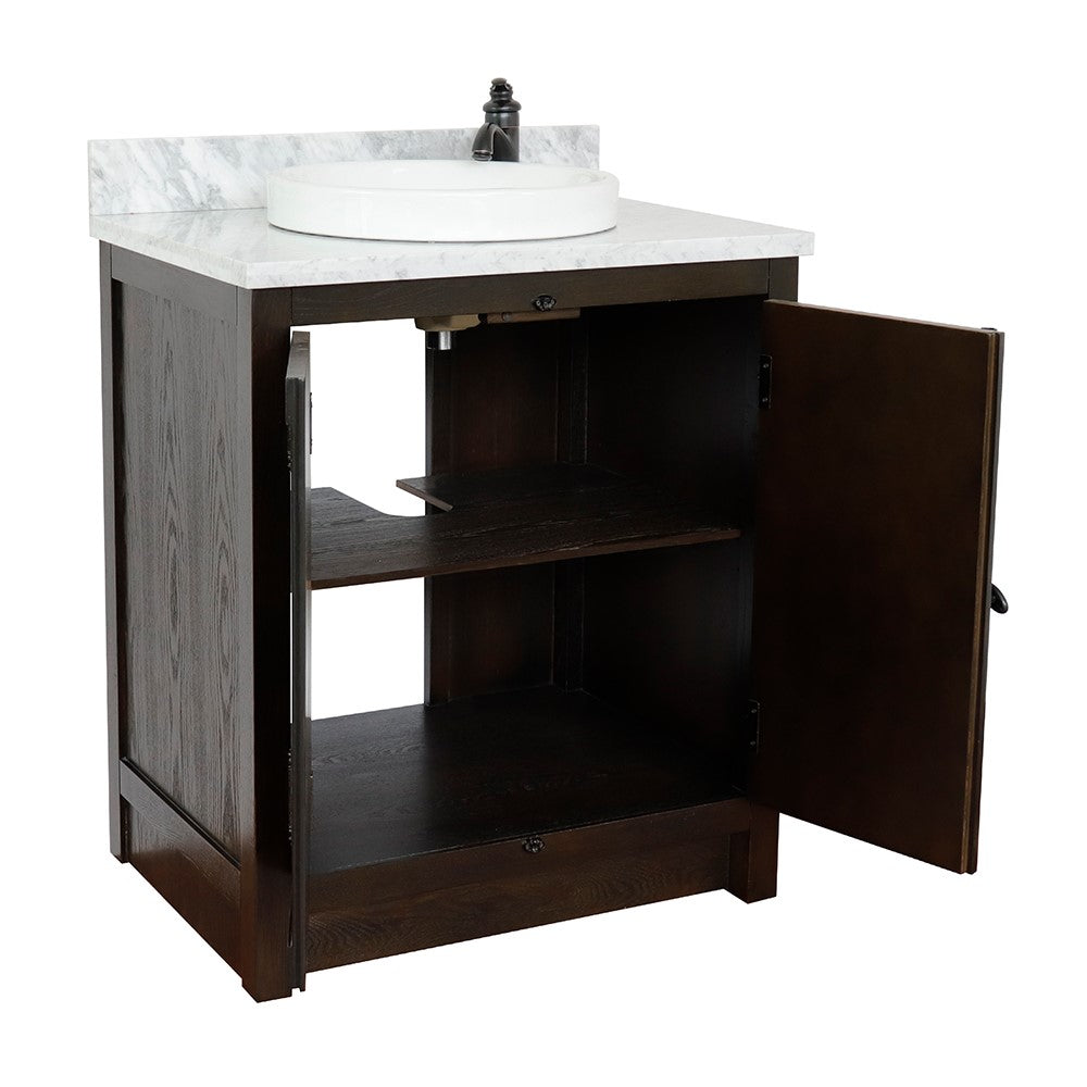 Bellaterra Home 31" Brown Ash Single Sink Bathroom Vanity with White Carrara Top and Round Sink, Plantation Collection