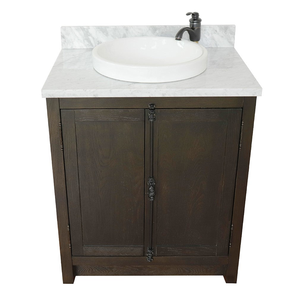 Bellaterra Home 31" Brown Ash Single Sink Bathroom Vanity with White Carrara Top and Round Sink, Plantation Collection