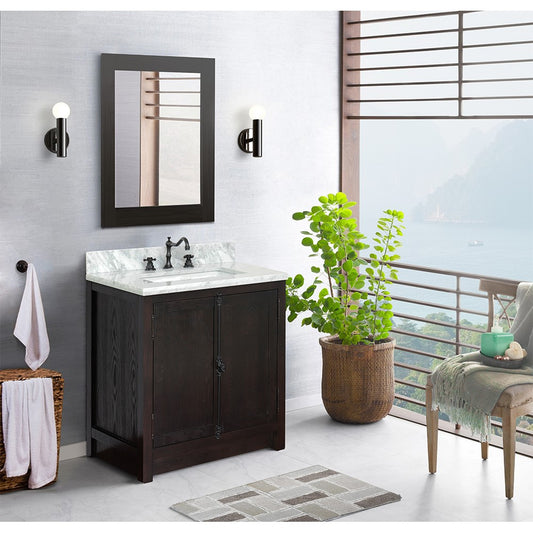 Bellaterra Home 31" Brown Ash Single Sink Bathroom Vanity with White Carrara Top and Rectangle Sink, Plantation Collection