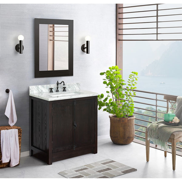 Bellaterra Home 31 Brown Ash Single Sink Bathroom Vanity with White Carrara Top and Rectangle Sink, Plantation Collection