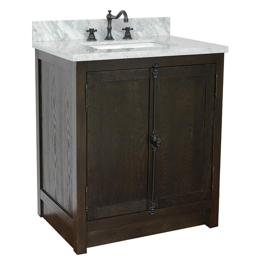 Bellaterra Home 31" Brown Ash Single Sink Bathroom Vanity with White Carrara Top and Rectangle Sink, Plantation Collection