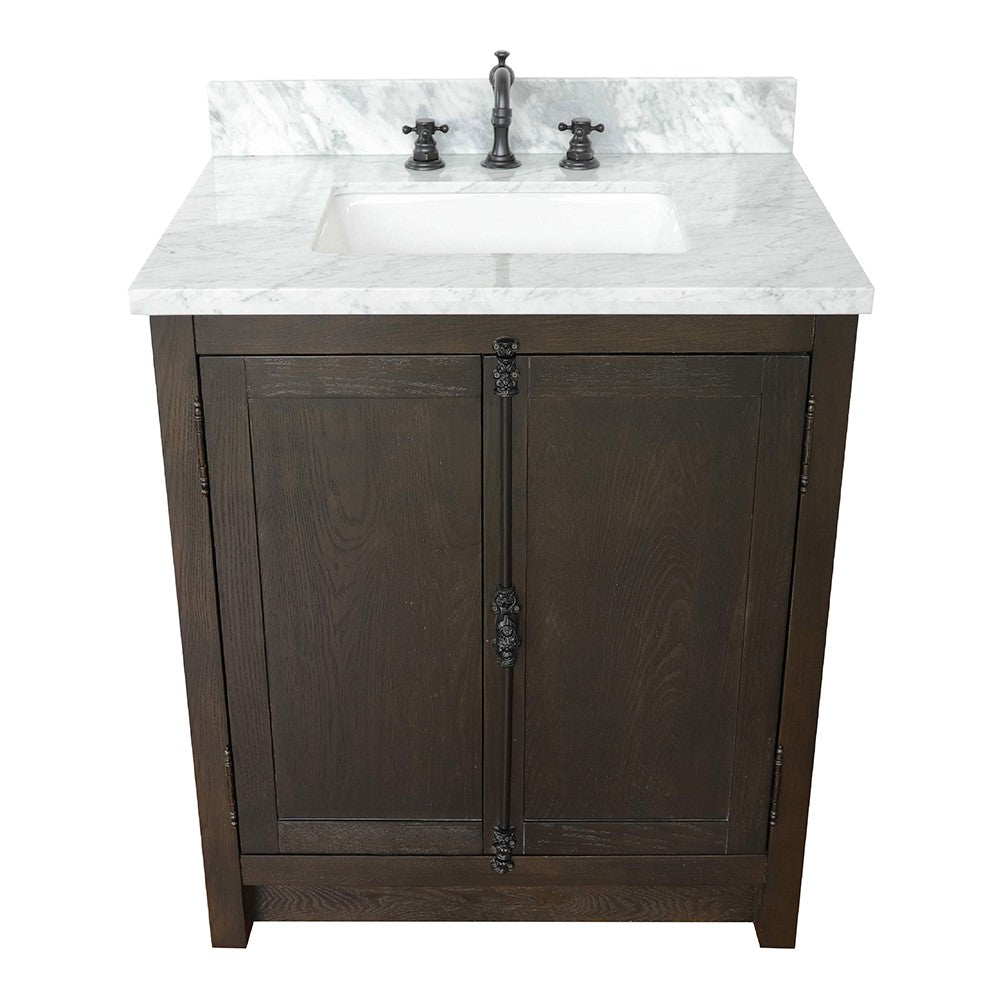 Bellaterra Home 31" Brown Ash Single Sink Bathroom Vanity with White Carrara Top and Rectangle Sink, Plantation Collection