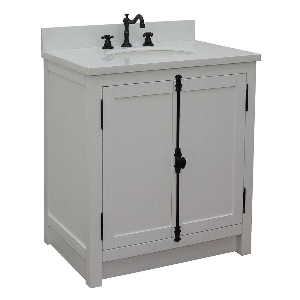 Bellaterra Home 31" Glacier Ash Single Sink Bathroom Vanity with White Quartz Top and Oval Sink, Plantation Collection