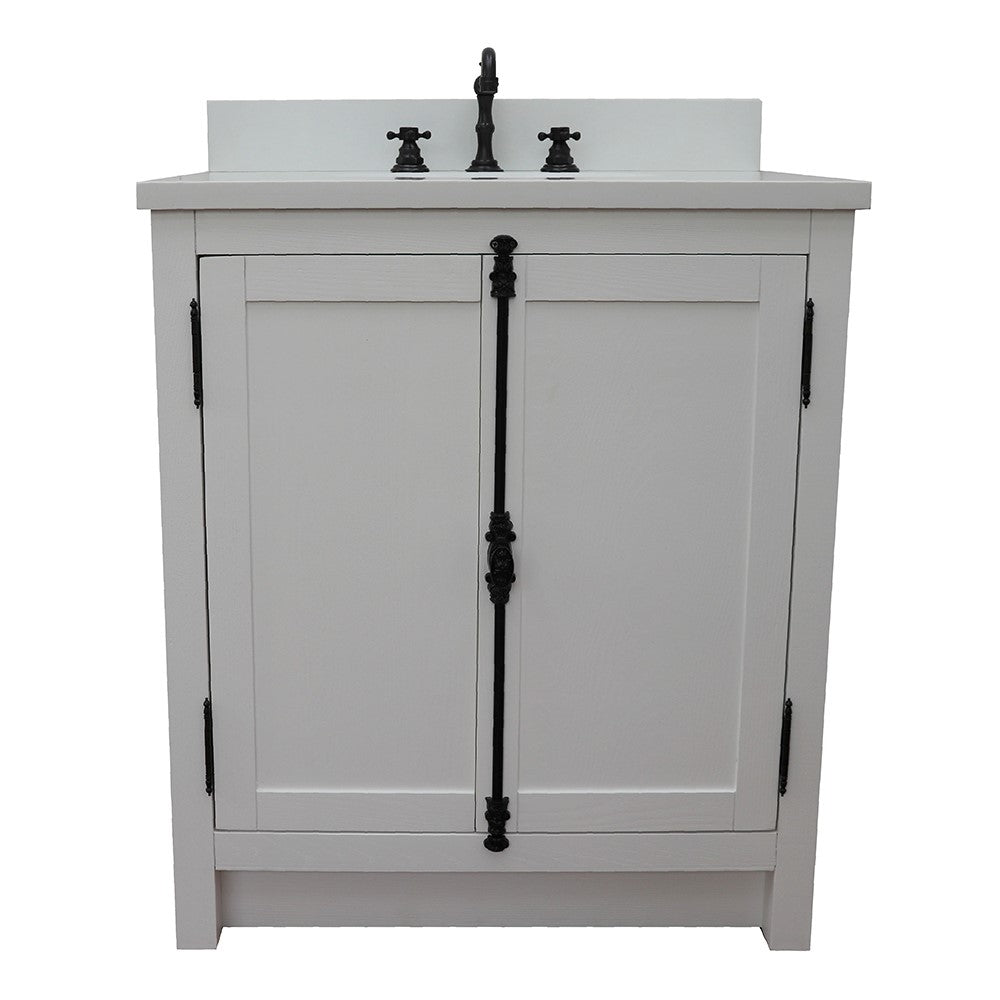 Bellaterra Home 31" Glacier Ash Single Sink Bathroom Vanity with White Quartz Top and Oval Sink, Plantation Collection