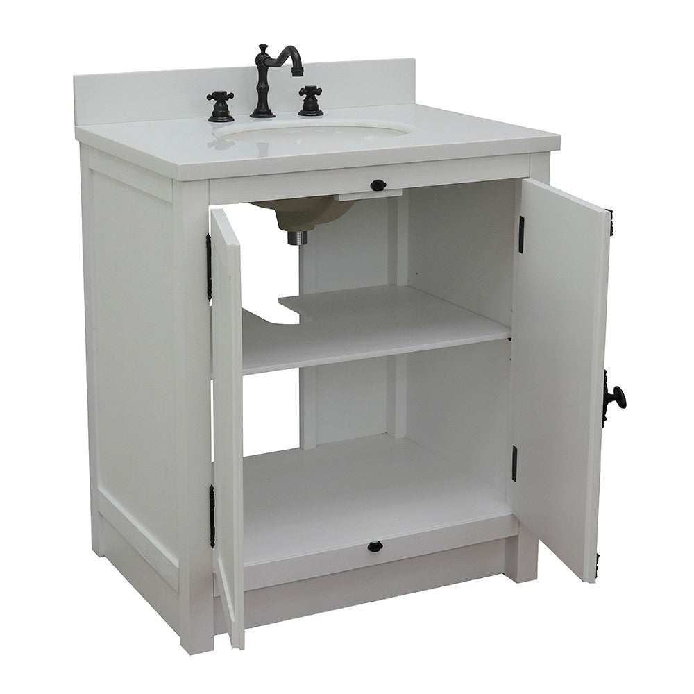 Bellaterra Home 31" Glacier Ash Single Sink Bathroom Vanity with White Quartz Top and Oval Sink, Plantation Collection