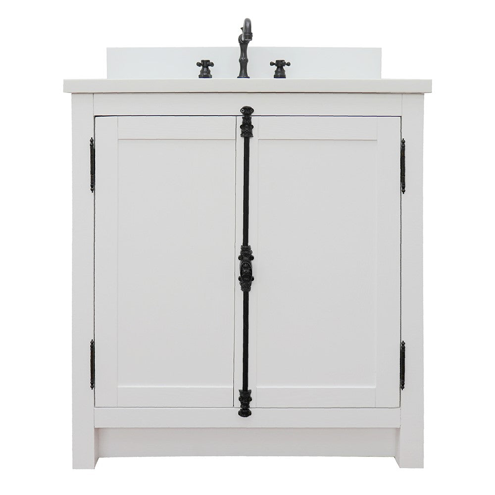 Bellaterra Home 31" Glacier Ash Single Sink Bathroom Vanity with White Quartz Top and Rectangle Sink, Plantation Collection