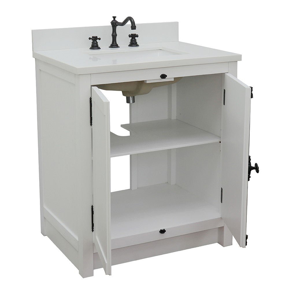 Bellaterra Home 31" Glacier Ash Single Sink Bathroom Vanity with White Quartz Top and Rectangle Sink, Plantation Collection