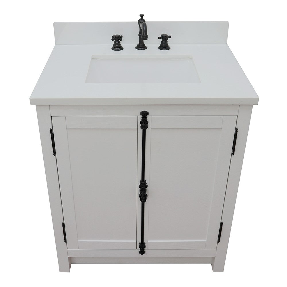 Bellaterra Home 31" Glacier Ash Single Sink Bathroom Vanity with White Quartz Top and Rectangle Sink, Plantation Collection