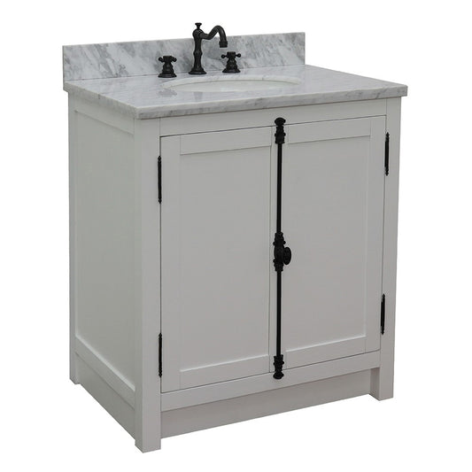 Bellaterra Home 31" Glacier Ash Single Sink Bathroom Vanity with White Carrara Top and Oval Sink, Plantation Collection