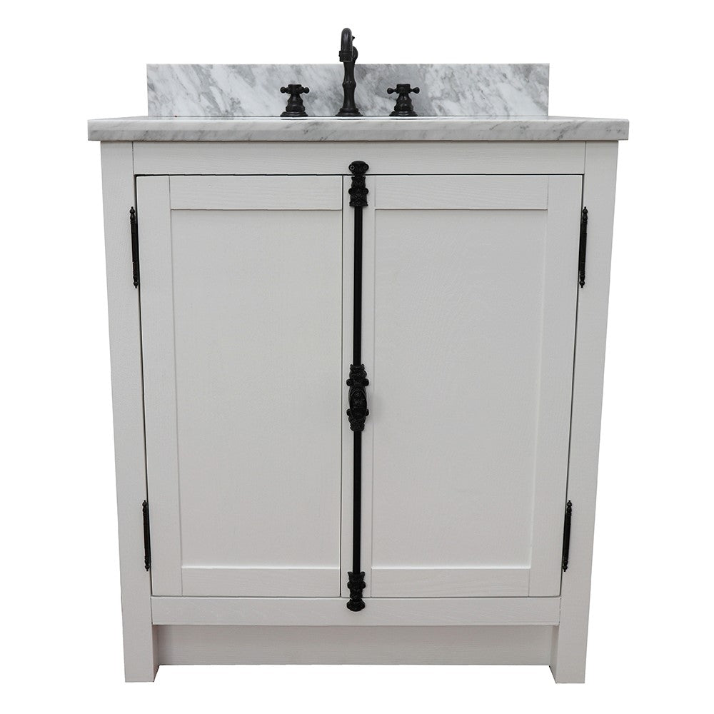 Bellaterra Home 31" Glacier Ash Single Sink Bathroom Vanity with White Carrara Top and Oval Sink, Plantation Collection