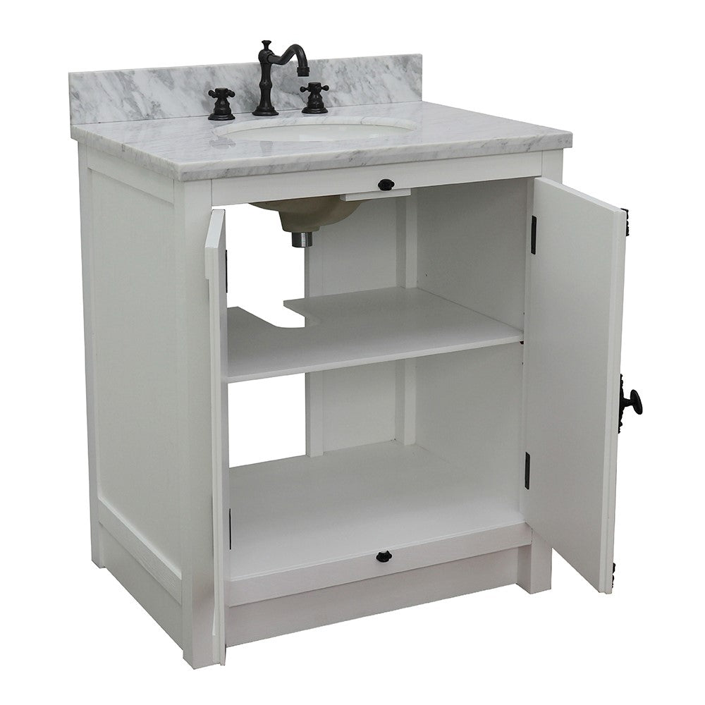 Bellaterra Home 31" Glacier Ash Single Sink Bathroom Vanity with White Carrara Top and Oval Sink, Plantation Collection