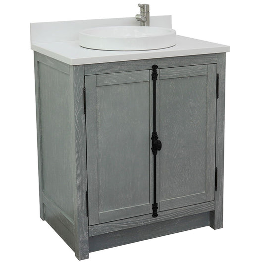 Bellaterra Home 31" Gray Ash Single Sink Bathroom Vanity with White Quartz Top and Round Sink, Plantation Collection