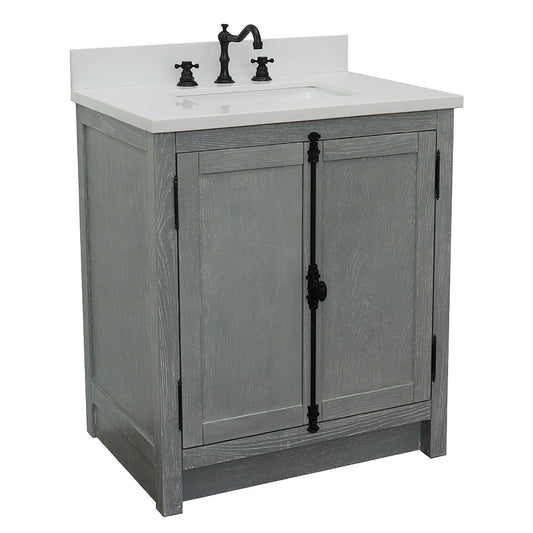 Bellaterra Home 31" Gray Ash Single Sink Bathroom Vanity with White Quartz Top and Rectangle Sink, Plantation Collection