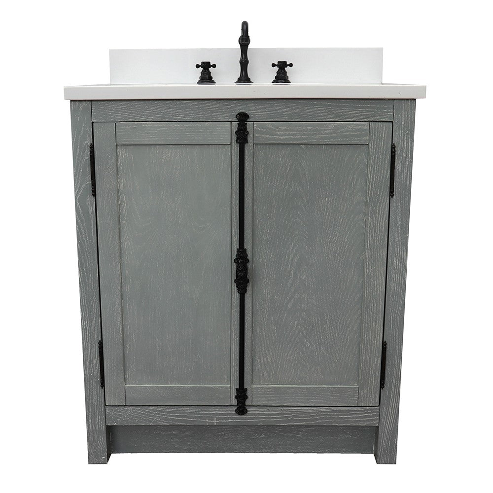 Bellaterra Home 31" Gray Ash Single Sink Bathroom Vanity with White Quartz Top and Rectangle Sink, Plantation Collection