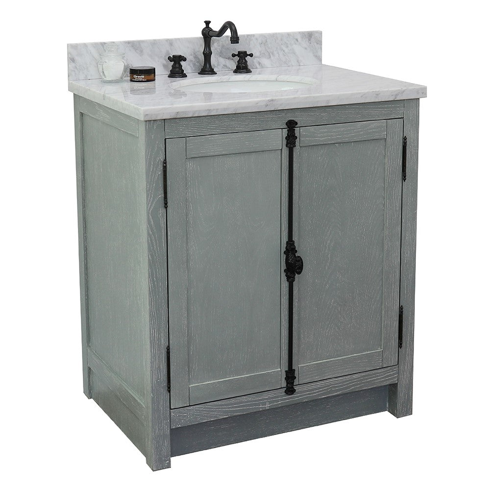 Bellaterra Home 31" Gray Ash Single Sink Bathroom Vanity with White Carrara Top and Oval Sink, Plantation Collection