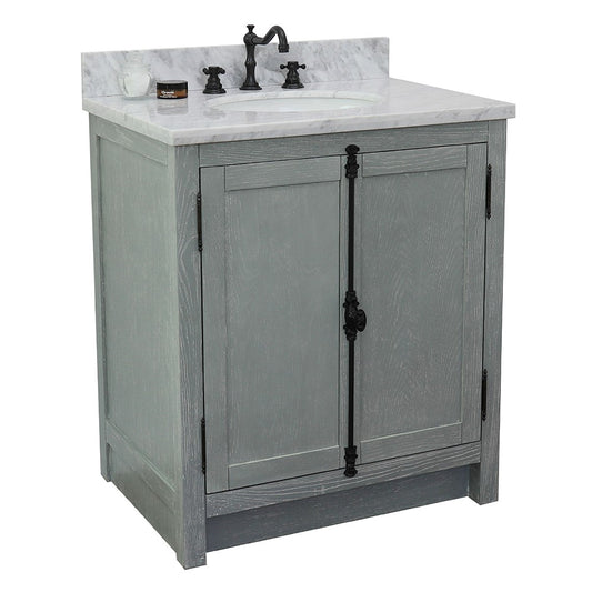 Bellaterra Home 31" Gray Ash Single Sink Bathroom Vanity with White Carrara Top and Oval Sink, Plantation Collection