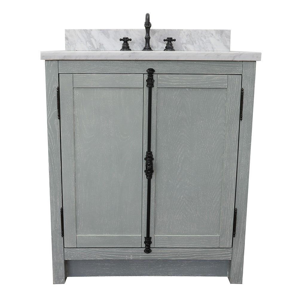 Bellaterra Home 31" Gray Ash Single Sink Bathroom Vanity with White Carrara Top and Oval Sink, Plantation Collection