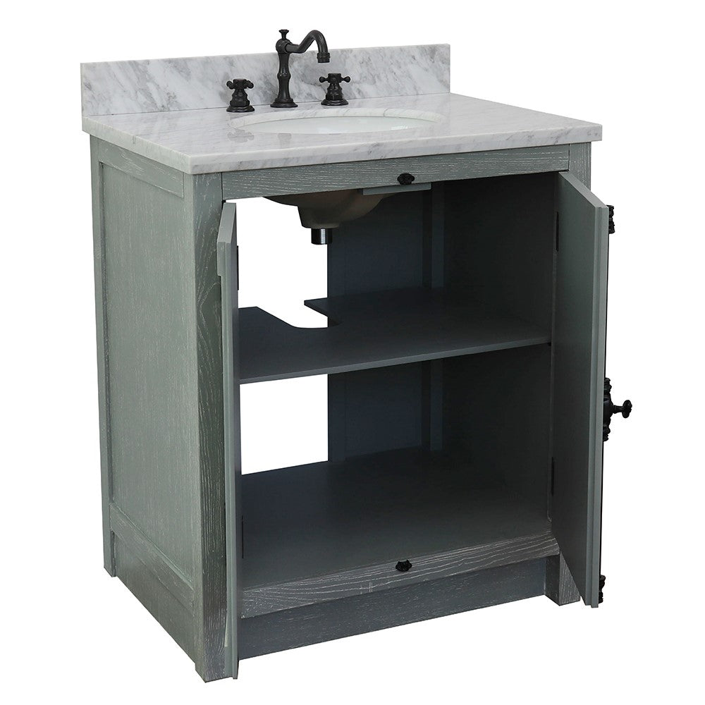 Bellaterra Home 31" Gray Ash Single Sink Bathroom Vanity with White Carrara Top and Oval Sink, Plantation Collection