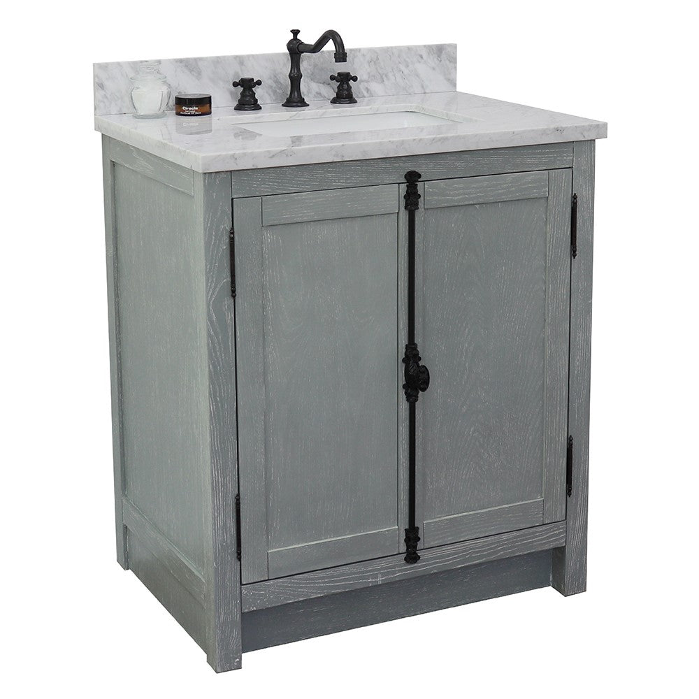 Bellaterra Home 31" Gray Ash Single Sink Bathroom Vanity with White Carrara Top and Rectangle Sink, Plantation Collection