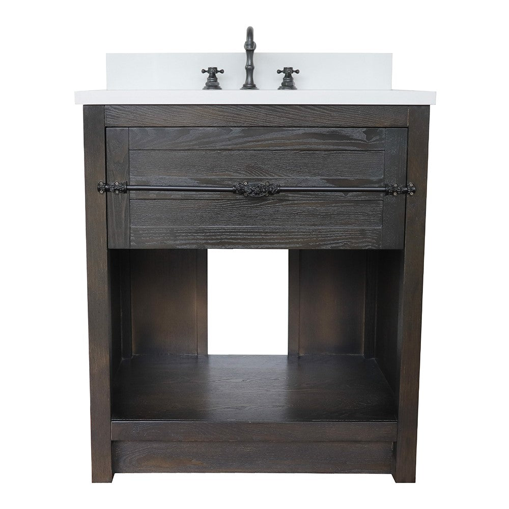 Bellaterra Home 31" Brown Ash Single Sink Bathroom Vanity with White Quartz Top and Oval Sink, Plantation Collection