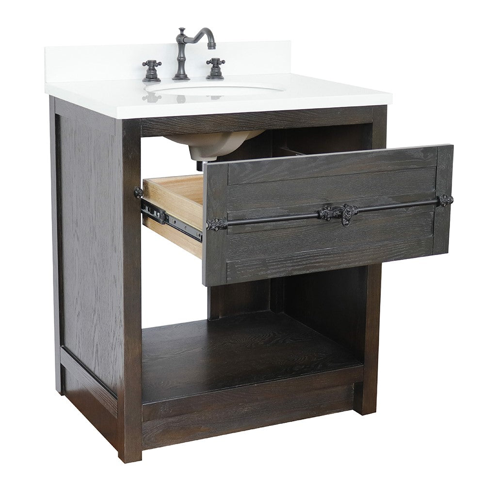 Bellaterra Home 31" Brown Ash Single Sink Bathroom Vanity with White Quartz Top and Oval Sink, Plantation Collection