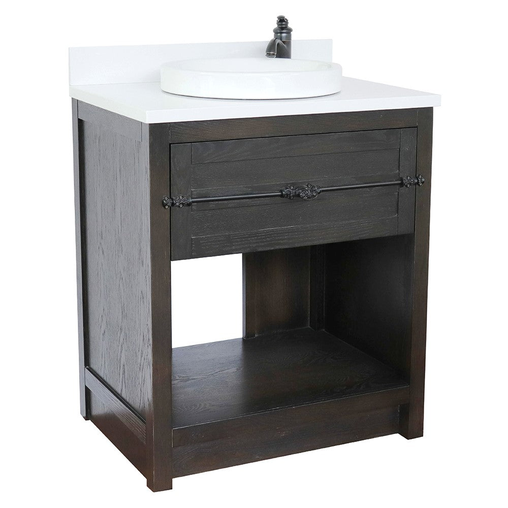 Bellaterra Home 31" Brown Ash Single Sink Bathroom Vanity with White Quartz Top and Round Sink, Plantation Collection