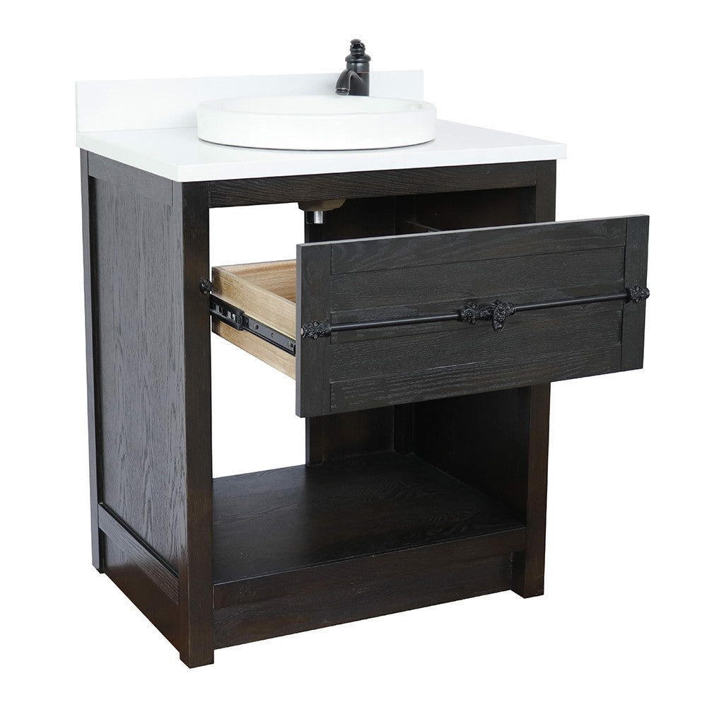 Bellaterra Home 31" Brown Ash Single Sink Bathroom Vanity with White Quartz Top and Round Sink, Plantation Collection