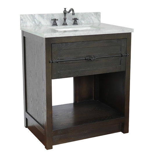 Bellaterra Home 31" Brown Ash Single Sink Bathroom Vanity with White Carrara Top and Rectangle Sink, Plantation Collection