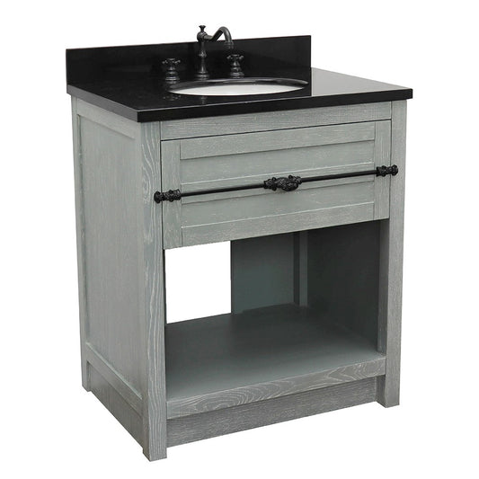 Bellaterra Home 31" Gray Ash Single Sink Bathroom Vanity with Black Galaxy Top and Oval Sink, Plantation Collection