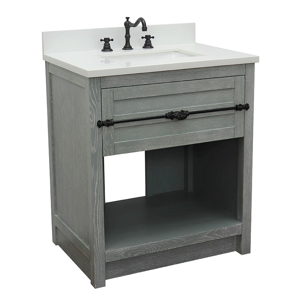 Bellaterra Home 31" Gray Ash Single Sink Bathroom Vanity with White Quartz Top and Rectangle Sink, Plantation Collection