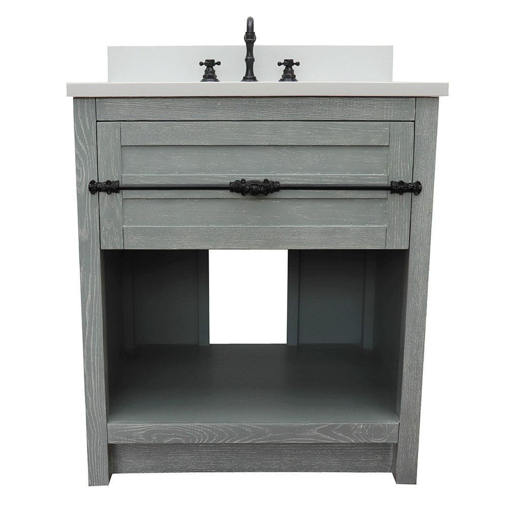 Bellaterra Home 31" Gray Ash Single Sink Bathroom Vanity with White Quartz Top and Rectangle Sink, Plantation Collection